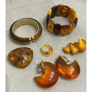 Vintage Amber / Lucite Jewellery Lot Bangle Ring Earrings Brooch